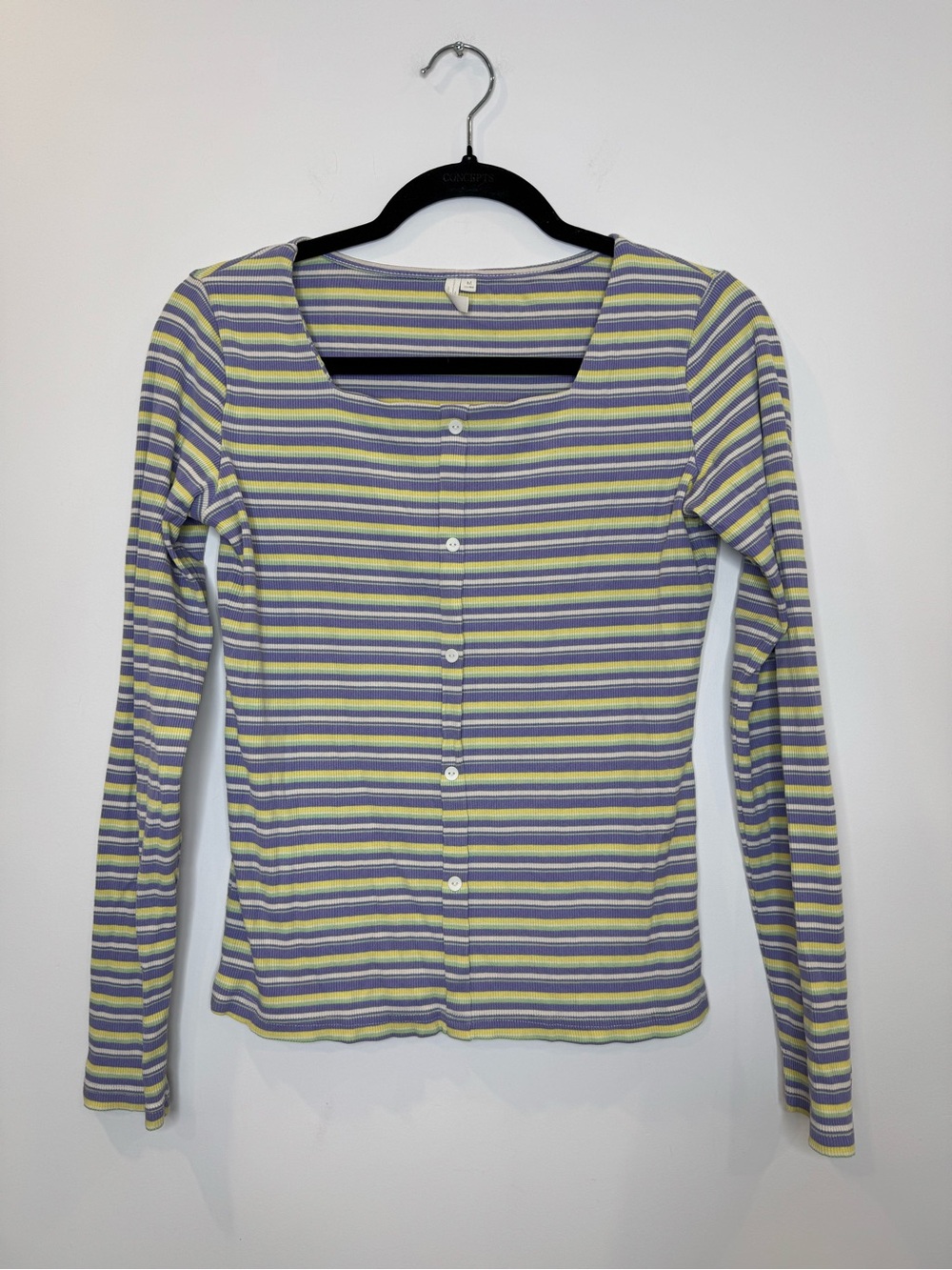 Inman Striped Square-Neck Long Sleeve Button Front ribbeb Top Lavender/Yellow M